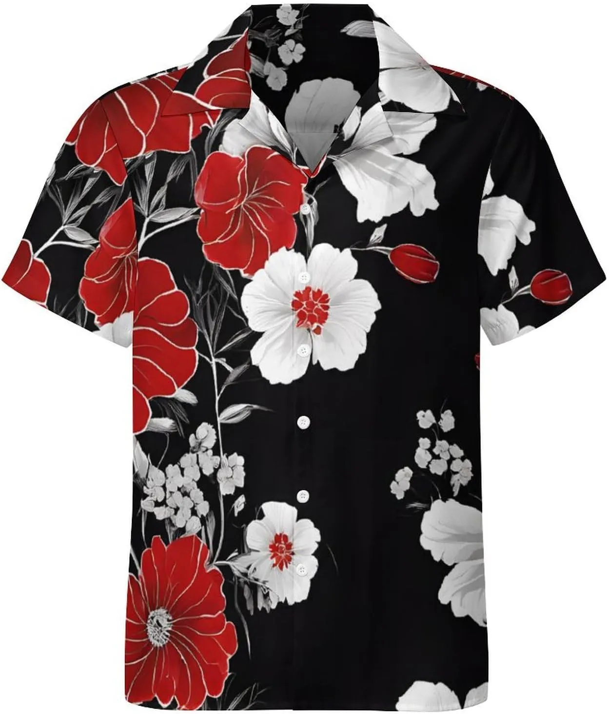 Red Flower and White Daisy Print Cuban Collar Shirt Classic Design for Comfort and Style