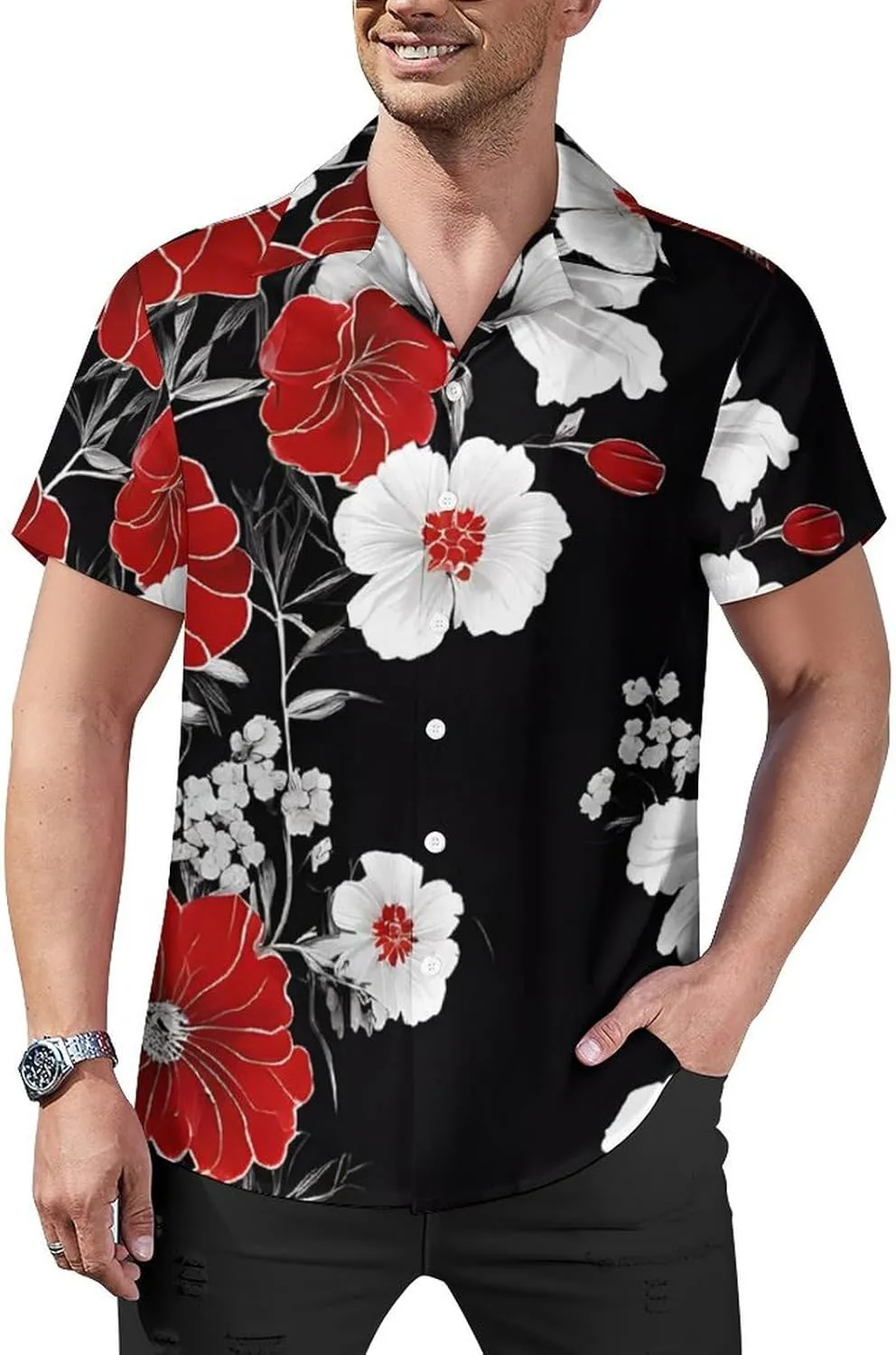 Red Flower and White Daisy Print Cuban Collar Shirt Classic Design for Comfort and Style
