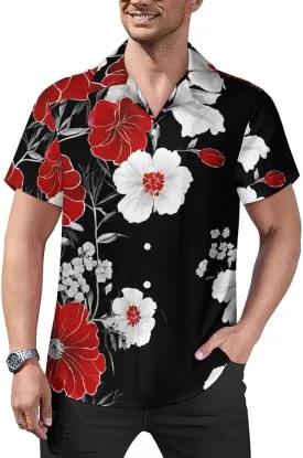 Red Flower and White Daisy Print Cuban Collar Shirt Classic Design for Comfort and Style