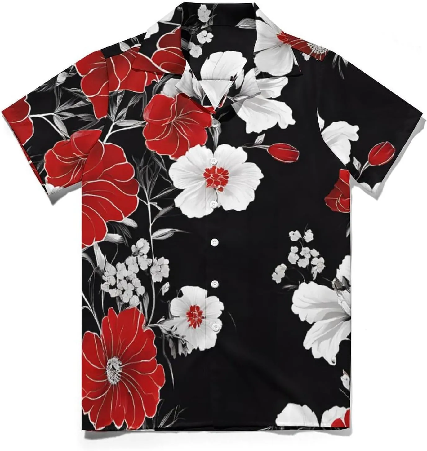 Red Flower and White Daisy Print Cuban Collar Shirt Classic Design for Comfort and Style