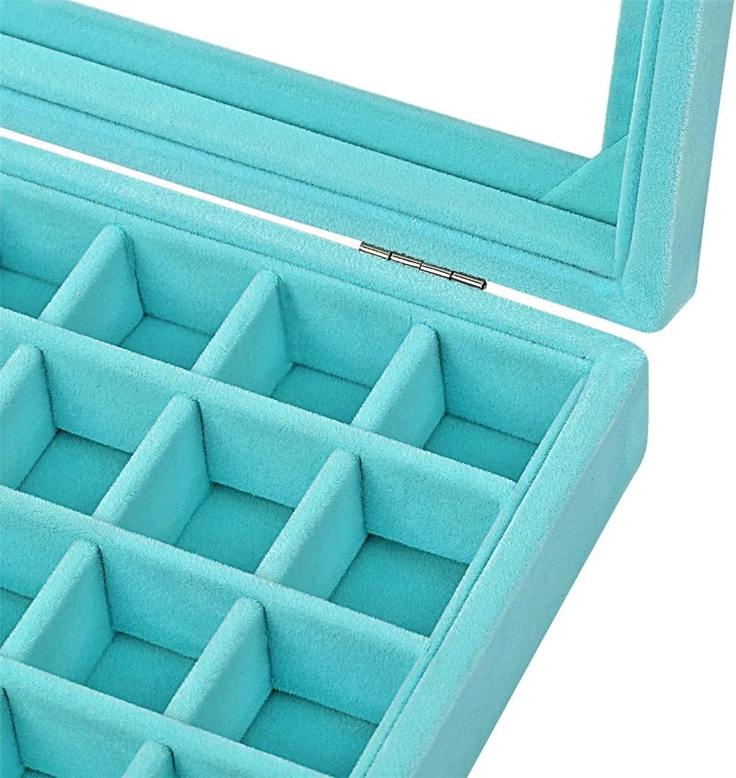 Sky Piea 24 Grid Velvet Glass Jewelry Box Jewellery Organiser Earring Ring Storage Holder Case Box (Sky Blue)
