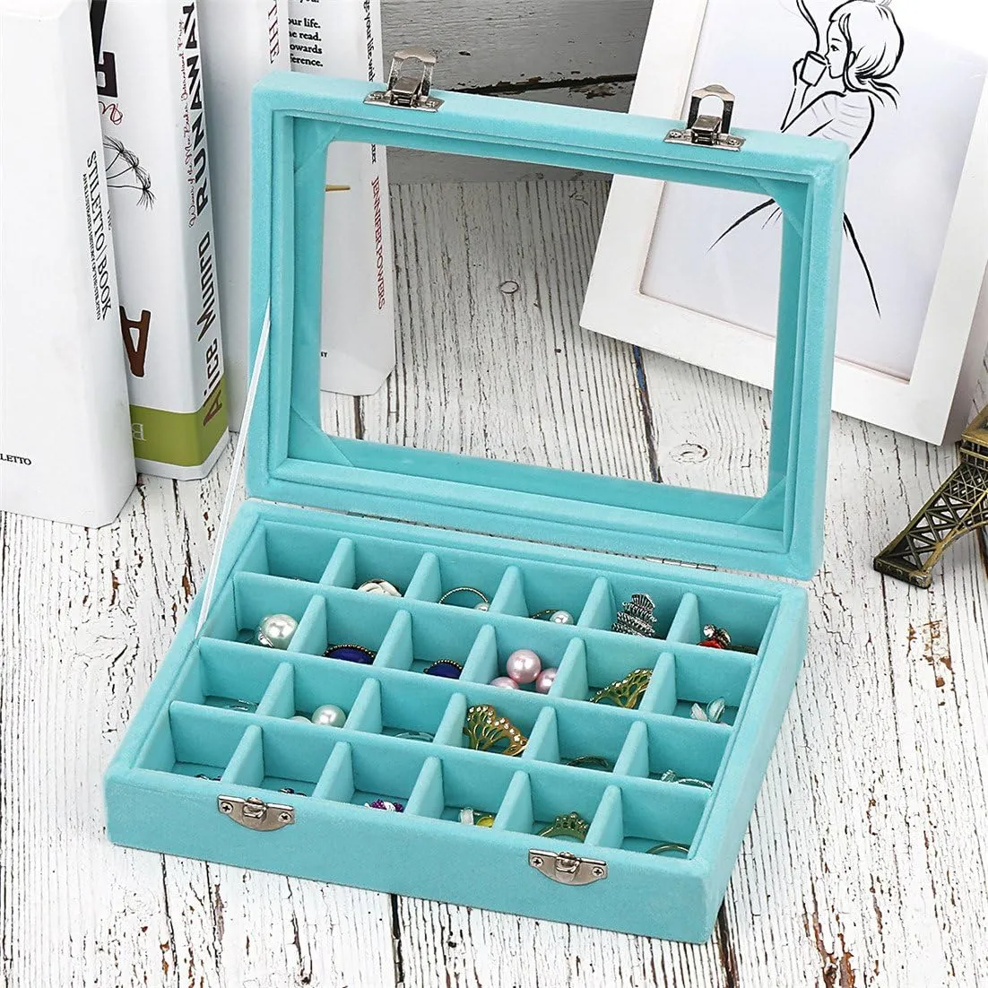 Sky Piea 24 Grid Velvet Glass Jewelry Box Jewellery Organiser Earring Ring Storage Holder Case Box (Sky Blue)