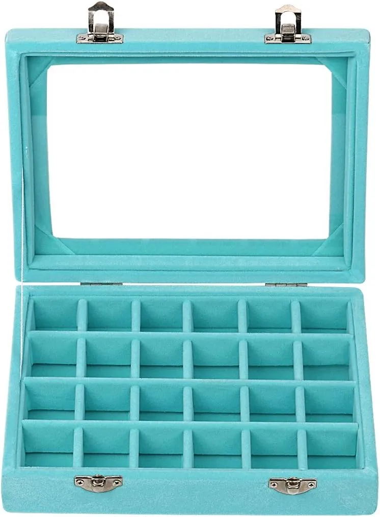Sky Piea 24 Grid Velvet Glass Jewelry Box Jewellery Organiser Earring Ring Storage Holder Case Box (Sky Blue)