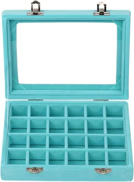 Sky Piea 24 Grid Velvet Glass Jewelry Box Jewellery Organiser Earring Ring Storage Holder Case Box (Sky Blue)