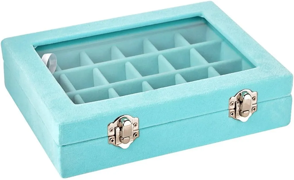 Sky Piea 24 Grid Velvet Glass Jewelry Box Jewellery Organiser Earring Ring Storage Holder Case Box (Sky Blue)
