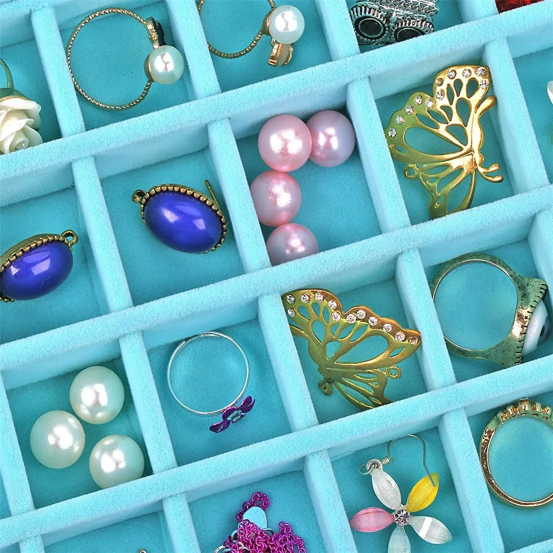 Sky Piea 24 Grid Velvet Glass Jewelry Box Jewellery Organiser Earring Ring Storage Holder Case Box (Sky Blue)