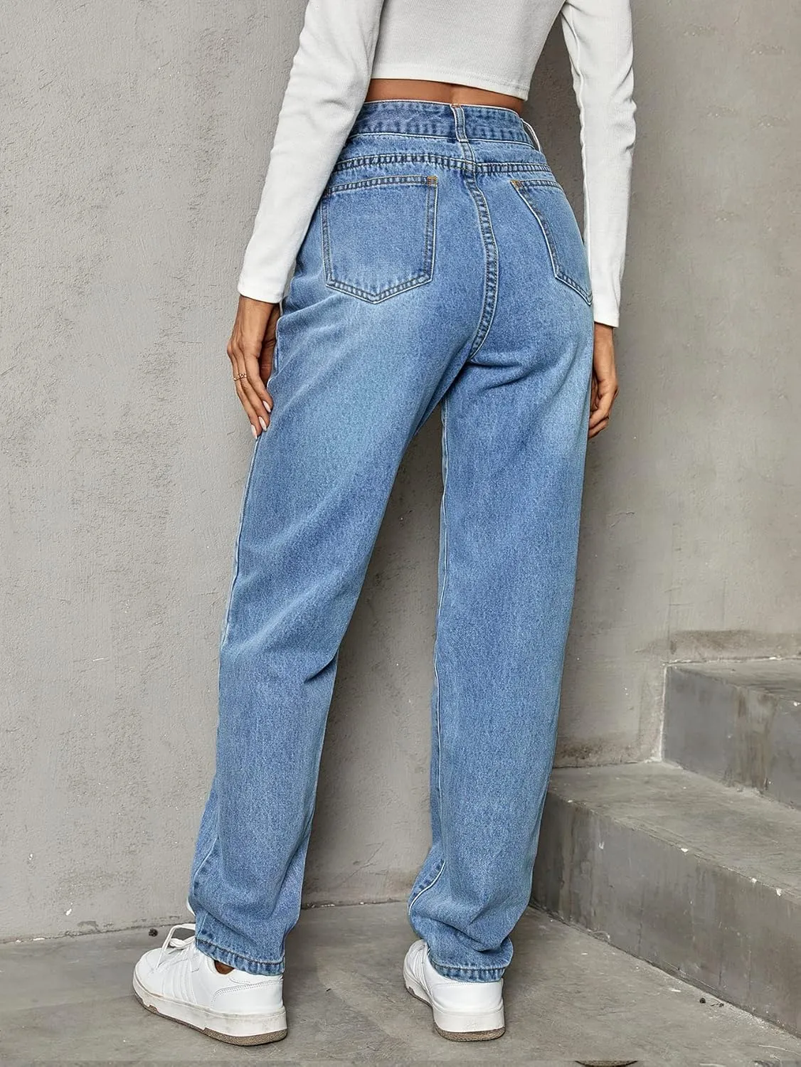 SweatyRocks Women's High Waisted Straight Leg Long Jeans Asymmetrical Waist Denim Pants Solid Pale Blue