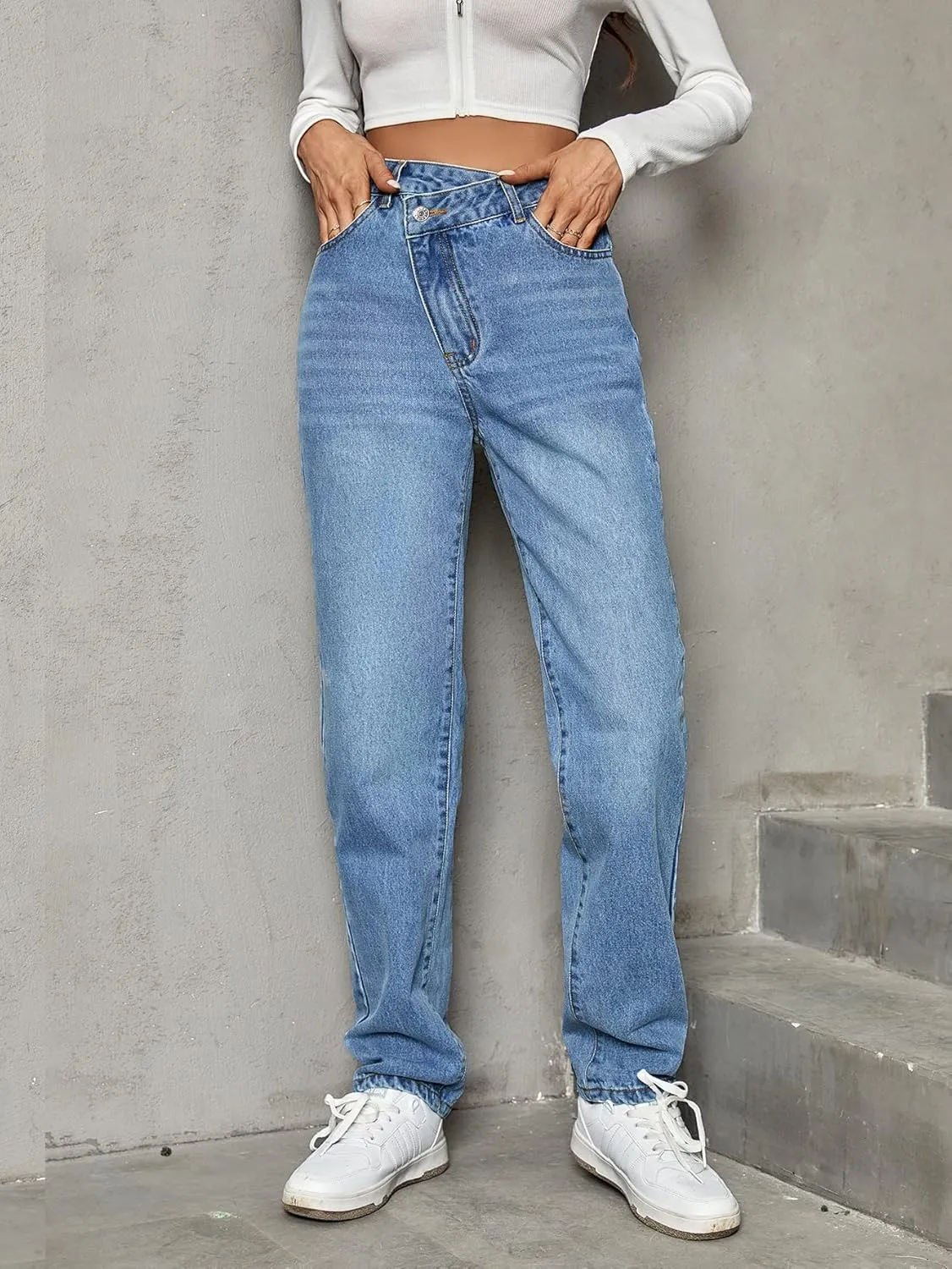 SweatyRocks Women's High Waisted Straight Leg Long Jeans Asymmetrical Waist Denim Pants Solid Pale Blue