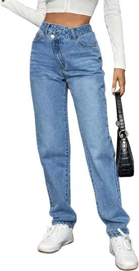 SweatyRocks Women's High Waisted Straight Leg Long Jeans Asymmetrical Waist Denim Pants Solid Pale Blue