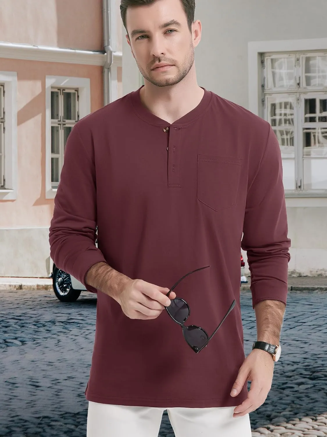 TACVASEN Men's Cotton Henley Shirts Long Slevee 3-Button with Pocket Moisture Wicking Casual Shirts