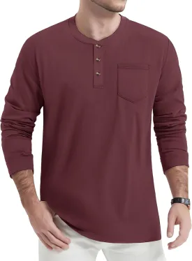 TACVASEN Men's Cotton Henley Shirts Long Slevee 3-Button with Pocket Moisture Wicking Casual Shirts