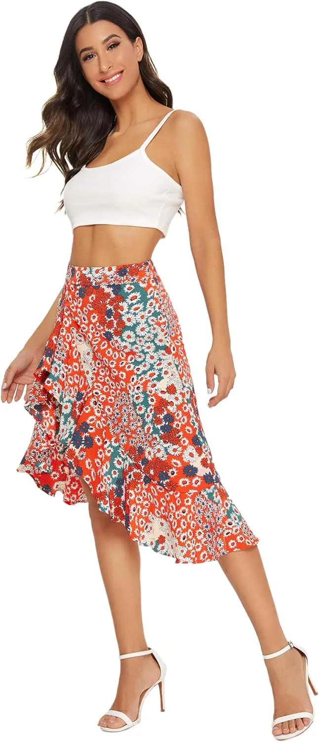 Verdusa Women's Ruffle Trim High Split Printed Skirt