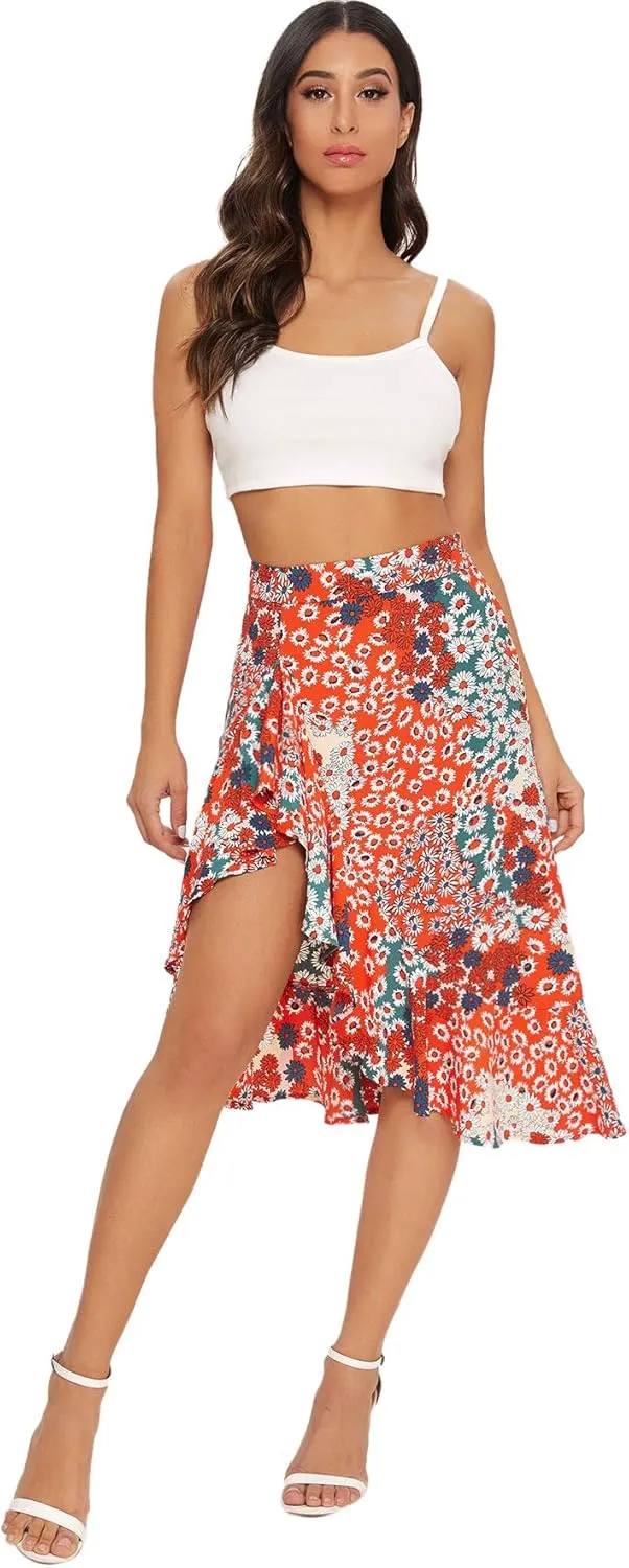 Verdusa Women's Ruffle Trim High Split Printed Skirt
