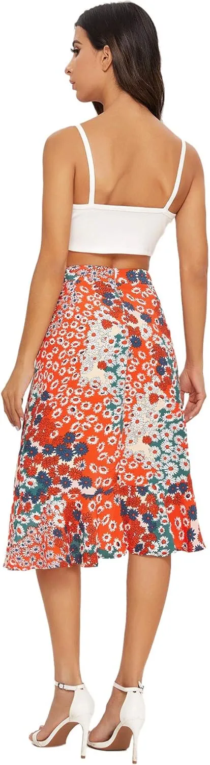 Verdusa Women's Ruffle Trim High Split Printed Skirt