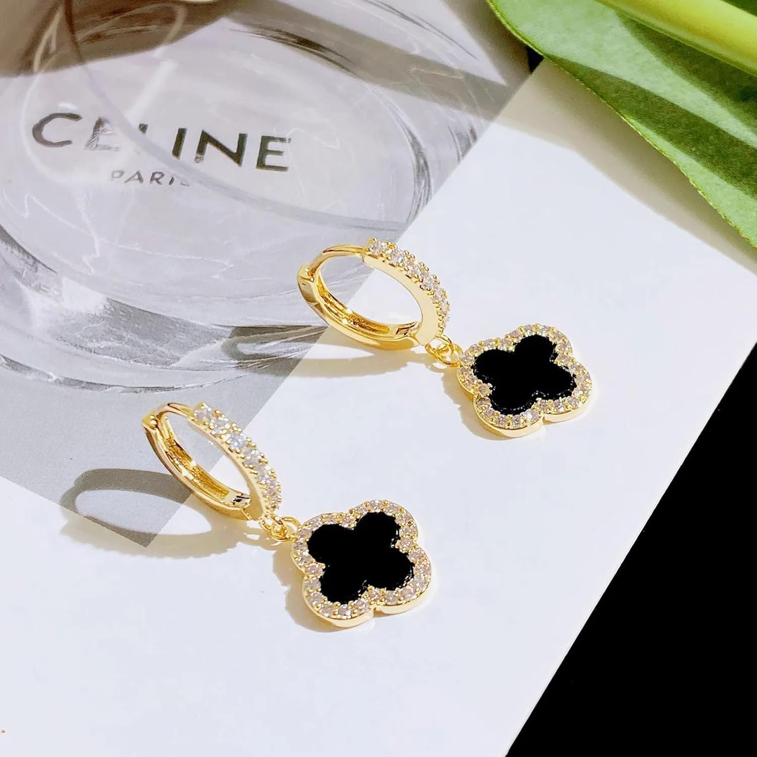 W WEILIRIAN Boho Four Leaf Clover Earrings Black Clover Earrings Crystal Clover Dangle Earrings Cz Huggie Hoop Earrings Jewelry for Women and Girls Gifts (Black)