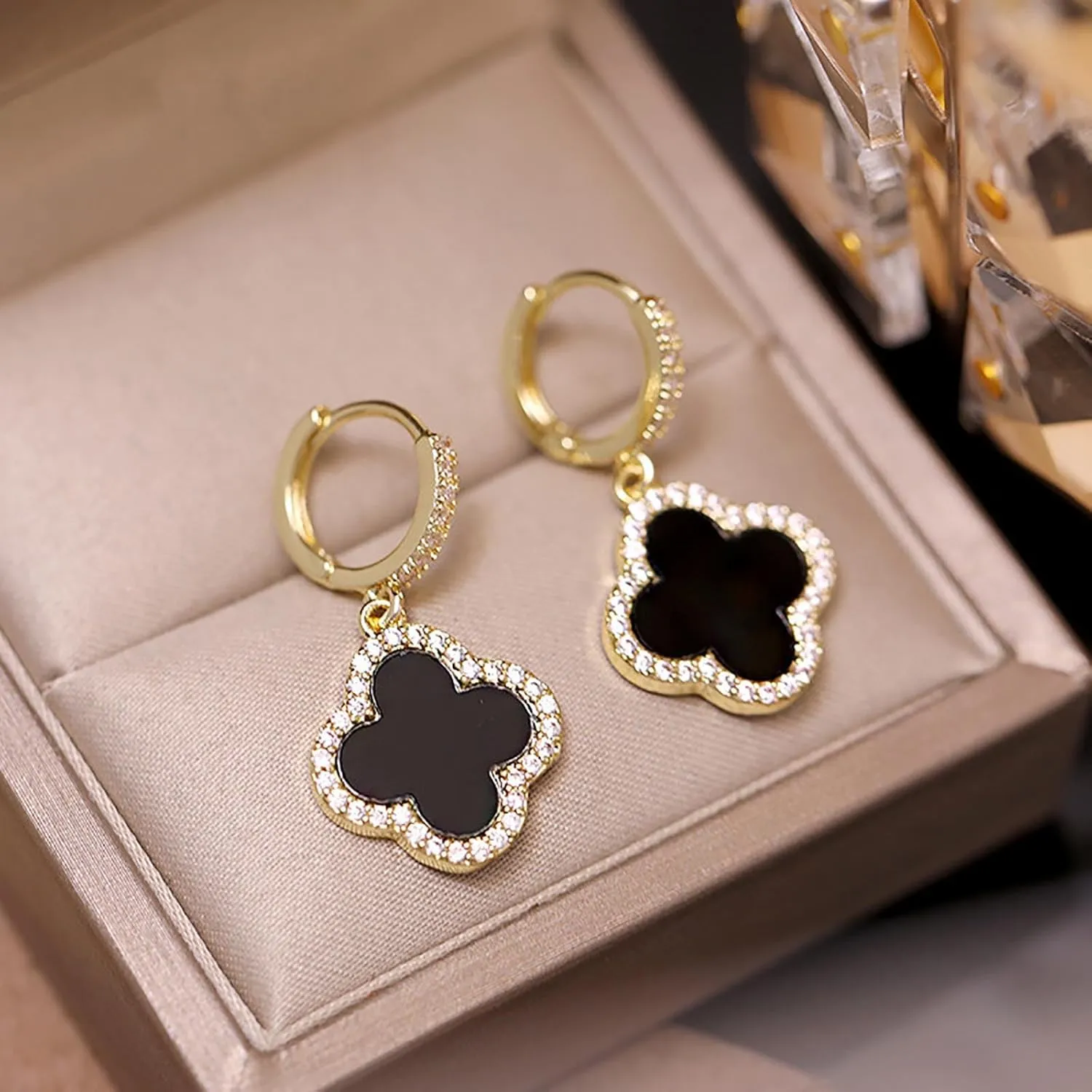 W WEILIRIAN Boho Four Leaf Clover Earrings Black Clover Earrings Crystal Clover Dangle Earrings Cz Huggie Hoop Earrings Jewelry for Women and Girls Gifts (Black)