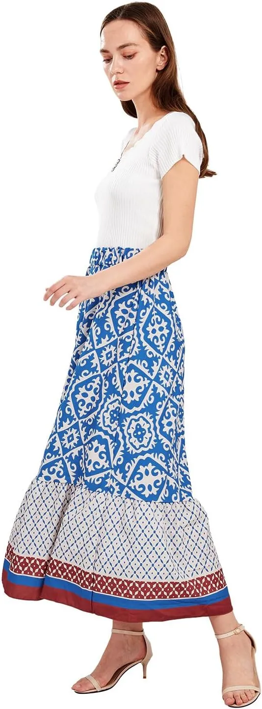 yoeasy Women's Printed Pleated Hem Long Skirt Elastic High Waist Flowy Swing A Line Long Skirt