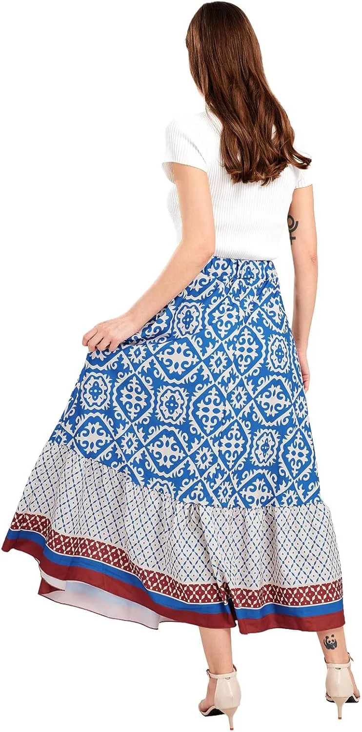 yoeasy Women's Printed Pleated Hem Long Skirt Elastic High Waist Flowy Swing A Line Long Skirt