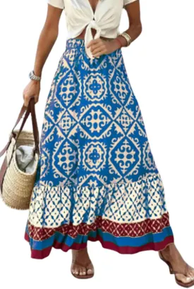 yoeasy Women's Printed Pleated Hem Long Skirt Elastic High Waist Flowy Swing A Line Long Skirt
