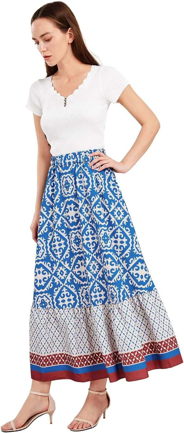 yoeasy Women's Printed Pleated Hem Long Skirt Elastic High Waist Flowy Swing A Line Long Skirt