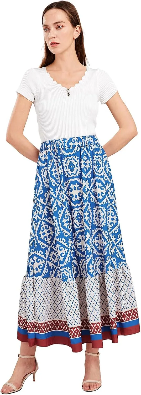 yoeasy Women's Printed Pleated Hem Long Skirt Elastic High Waist Flowy Swing A Line Long Skirt